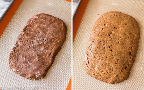 2 images of mocha chip biscotti dough on a silpat baking mat before and after baking