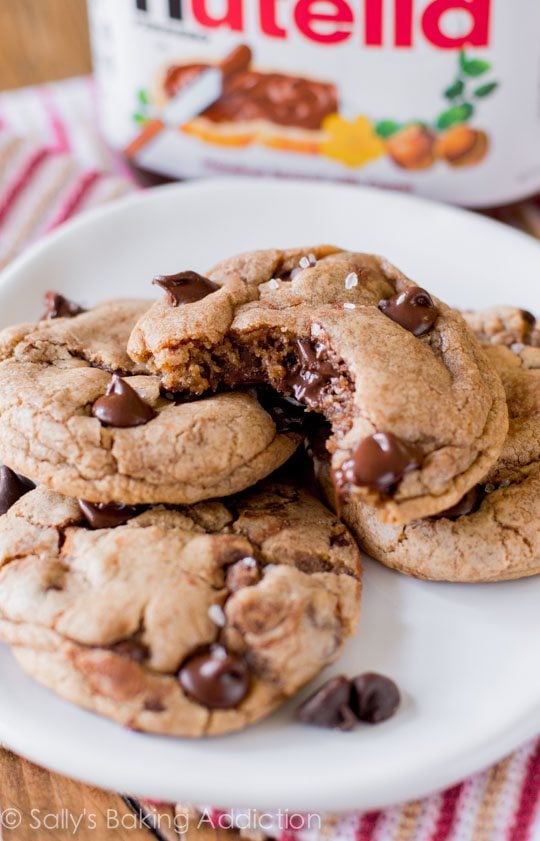 Nutella chocolate chip cookies on a white plate