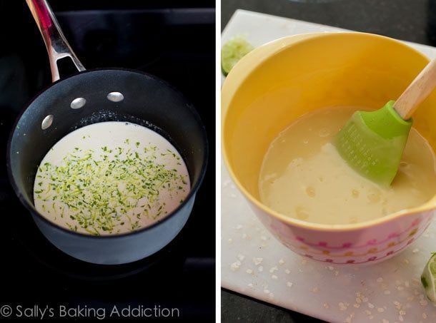 2 images of key lime truffle filling in a saucepan and in a yellow bowl with a spatula