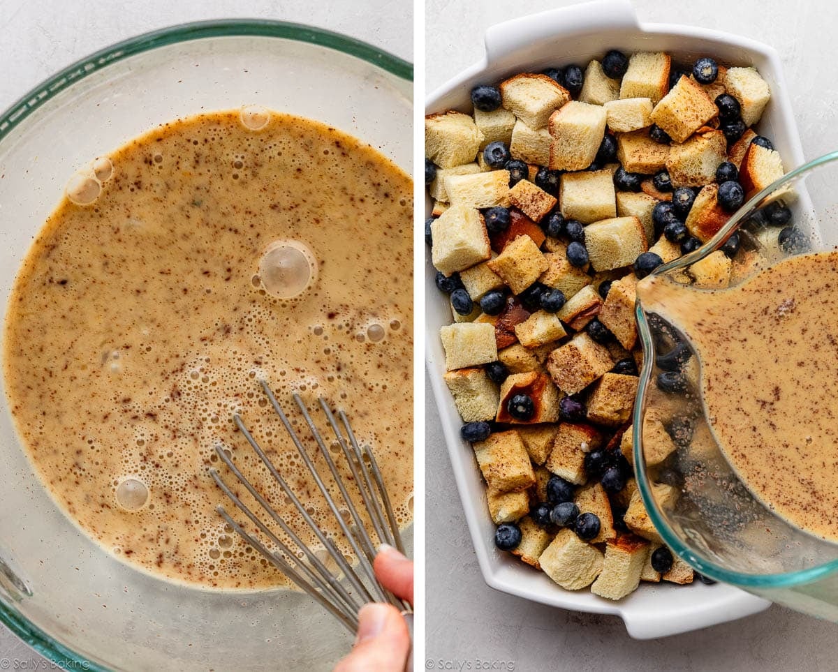 egg mixture and shown again being poured over bread cubes.