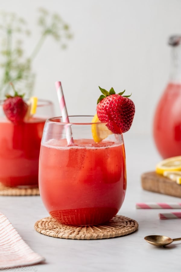 glasses of homemade honey strawberry lemonade.