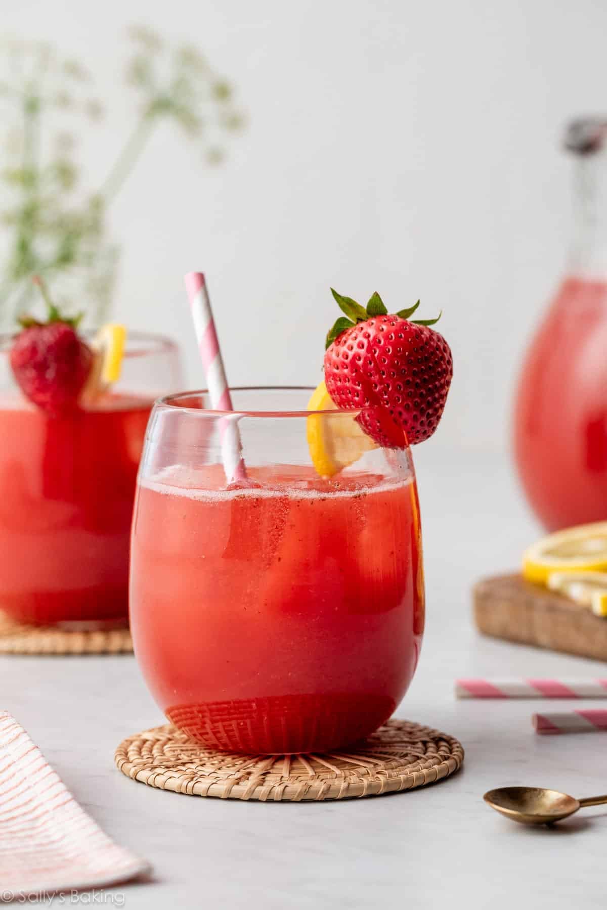 glasses of homemade honey strawberry lemonade.