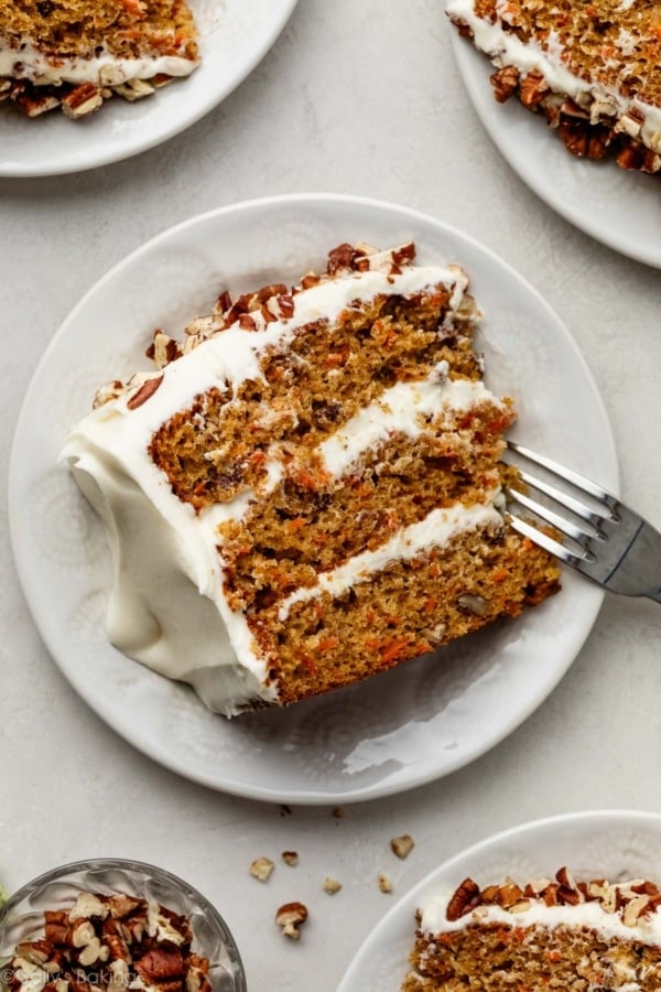 close-up overhead photo of 3 layer carrot cake with cream cheese frosting.