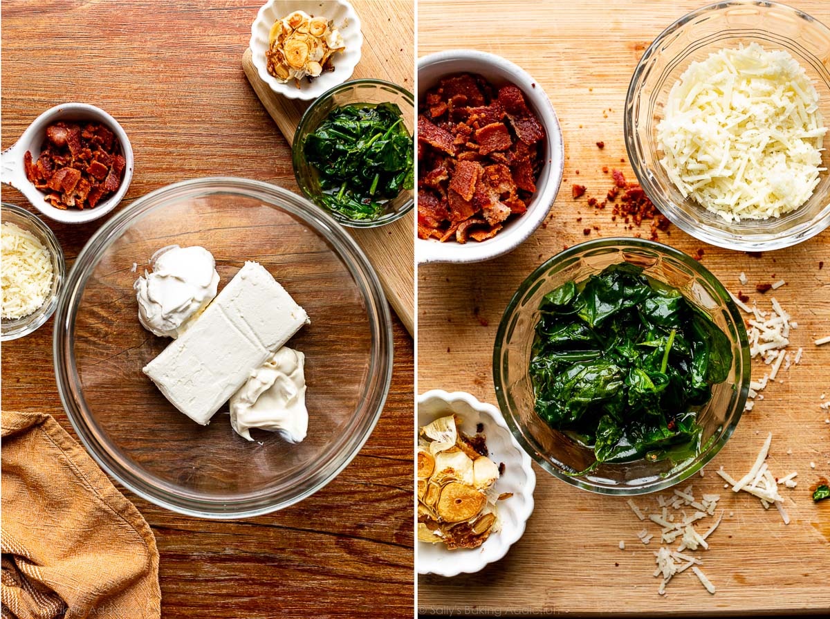 cream cheese, cooked spinach, bacon pieces, and roasted garlic shown in separate bowls