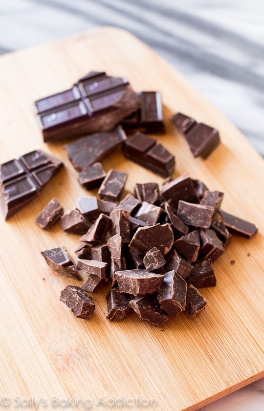 chopped chocolate chunks on cutting board