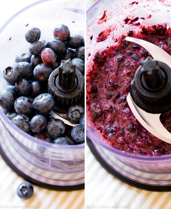 2 images of blueberries in a food processor and blended blueberries