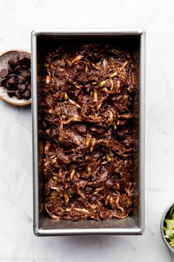 batter with zucchini in loaf pan.