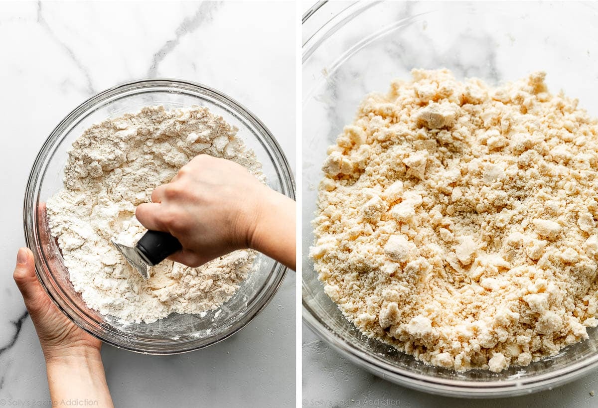 hands using a pastry cutter in a bowl of flour and another photo showing pea-sized bits of dough mixture in bowl.