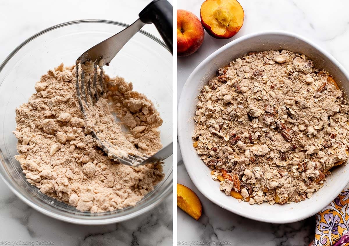 crumb oat mixture in bowl and shown again in baking pan.