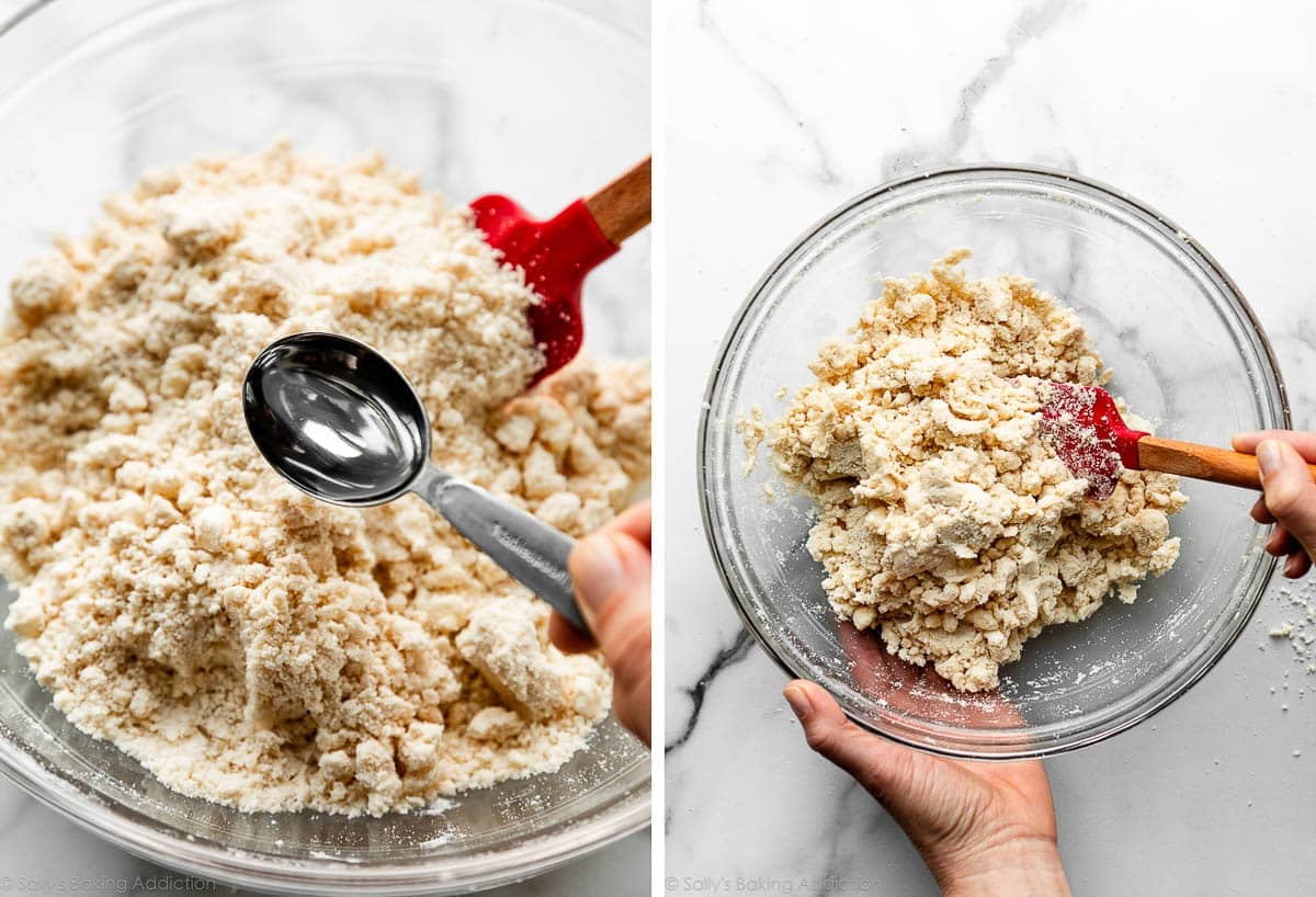 pouring water with a Tablespoon measuring spoon into a bowl of pie crust mixture and dough shown again being stirred.