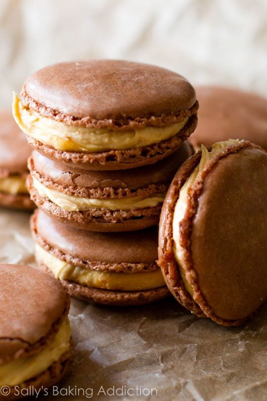 stack of chocolate peanut butter macarons