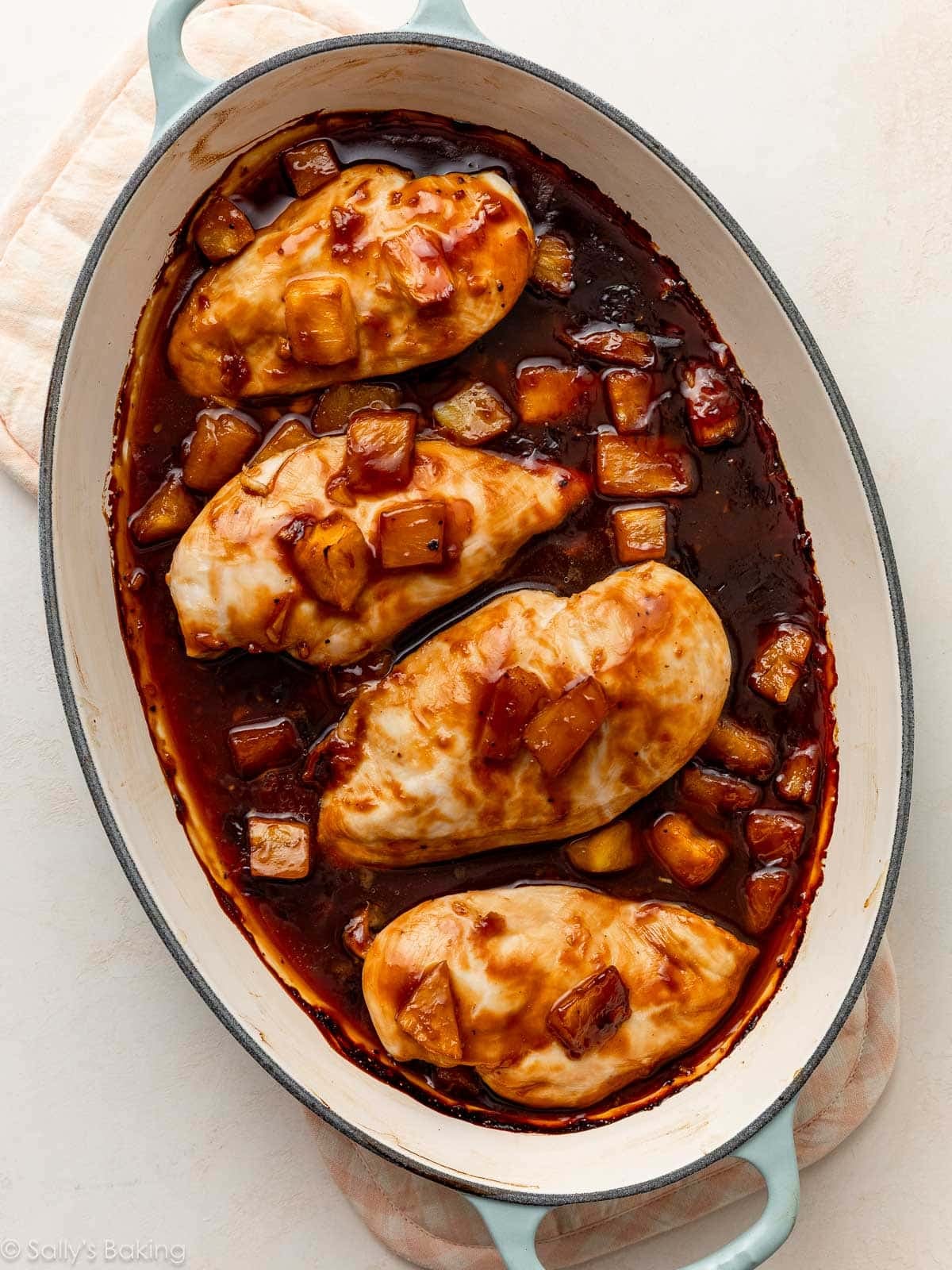 baked chicken teriyaki in oval baking dish.