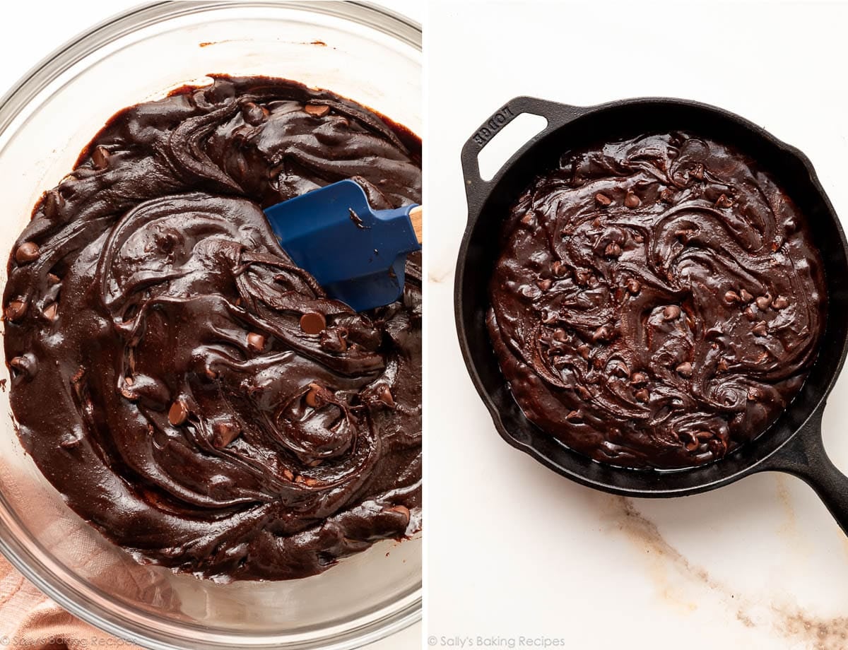 chocolate batter in bowl and shown again in a cast iron skillet.