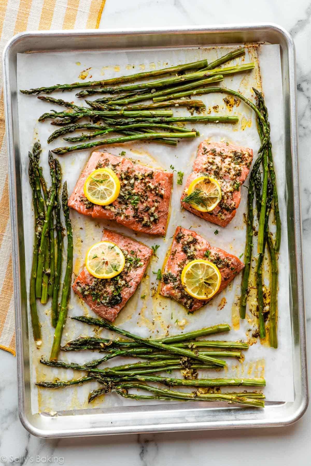 baked lemon garlic salmon sheet pan dinner.