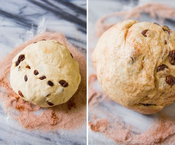 2 images of cinnamon raisin bagel dough in a ball and dough rolled into cinnamon sugar