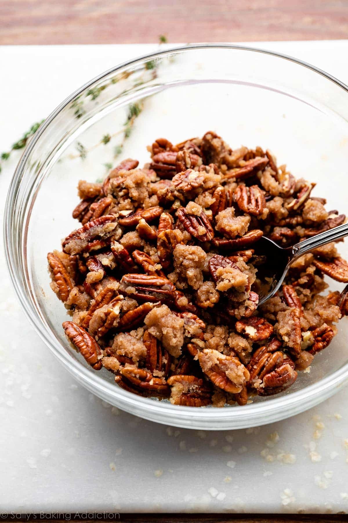 brown sugar pecan crumble in glass bowl.