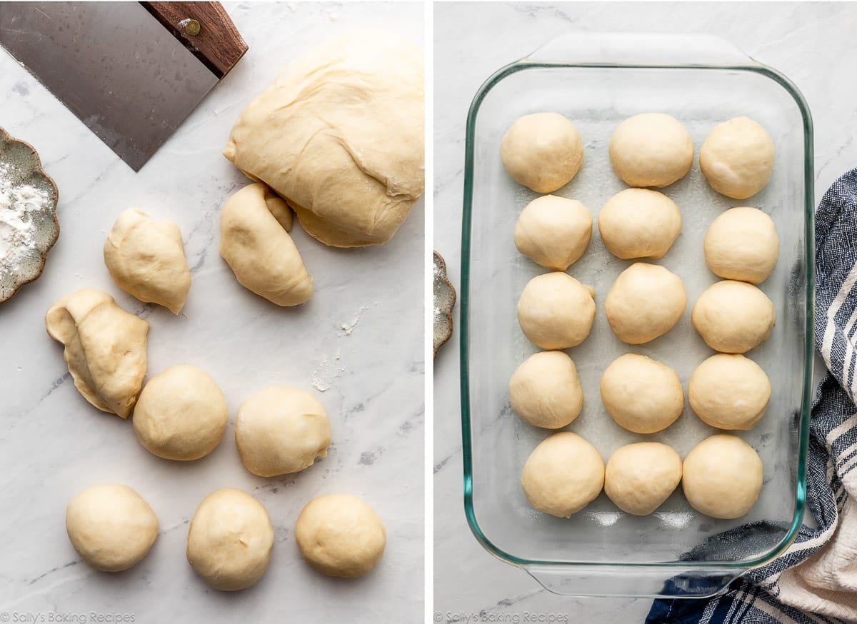 dough divided into pieces and shown again shaped into balls in glass pan.
