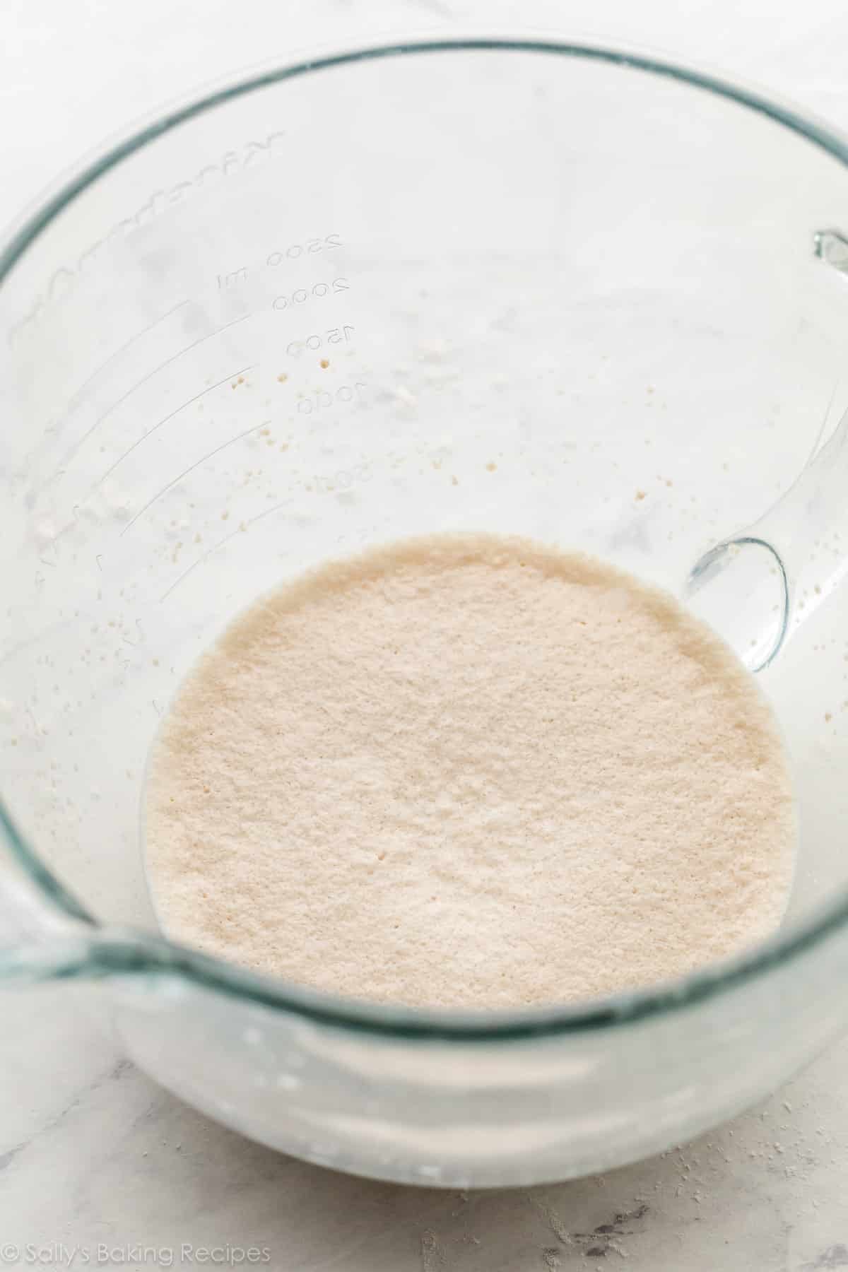 proofed yeast mixture in glass bowl.