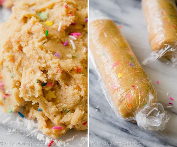 2 images of funfetti sugar cookie dough and logs of sugar cookie dough wrapped in plastic wrap