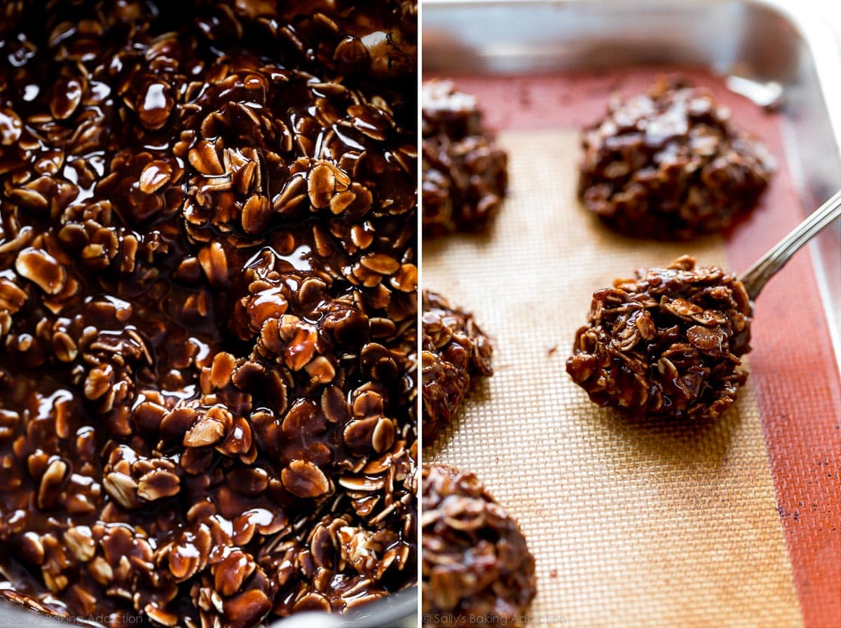 2 images of no bake cookies mixture in a bowl and placing onto baking sheet