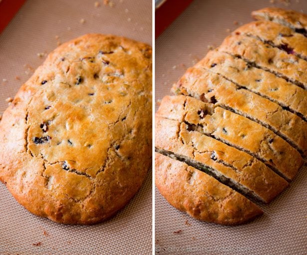 2 images of biscotti on a silpat baking mat before and after slicing