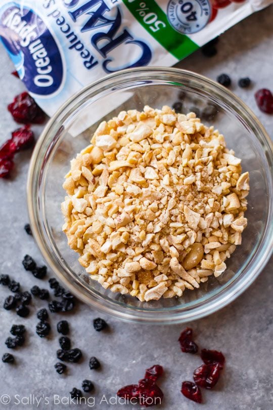 chopped cashews in a glass bowl