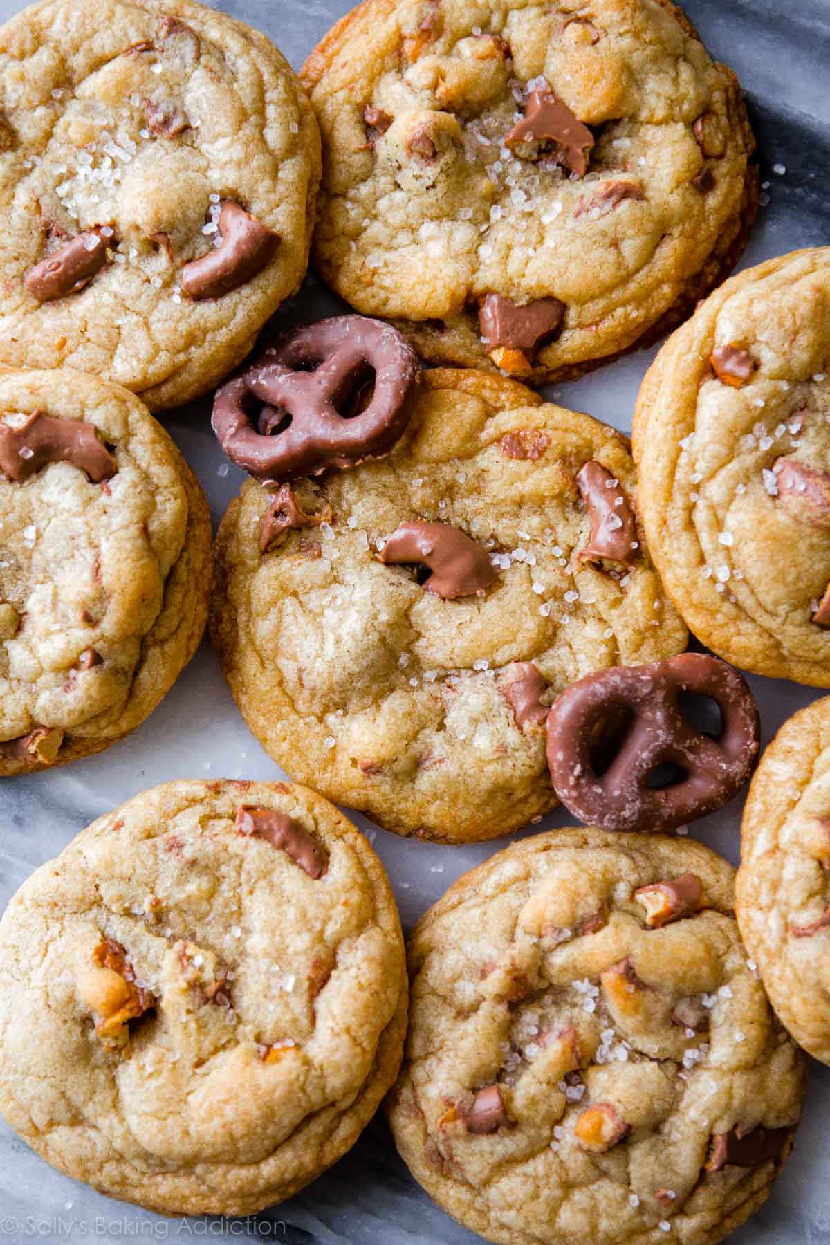 overhead image of chocolate covered pretzel cookies