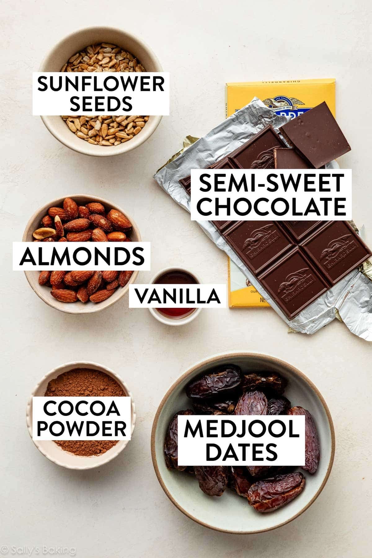 ingredients on surface including chocolate, dates, almonds, sunflower seeds, and cocoa powder.
