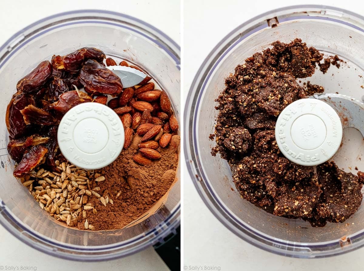 nuts, seeds, and dates in food processor and shown again after mixing.