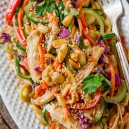 peanut chicken zucchini noodles on a white serving tray with a fork