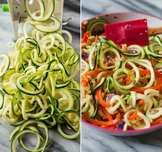 2 images of spiralized zucchini and veggies in a skillet