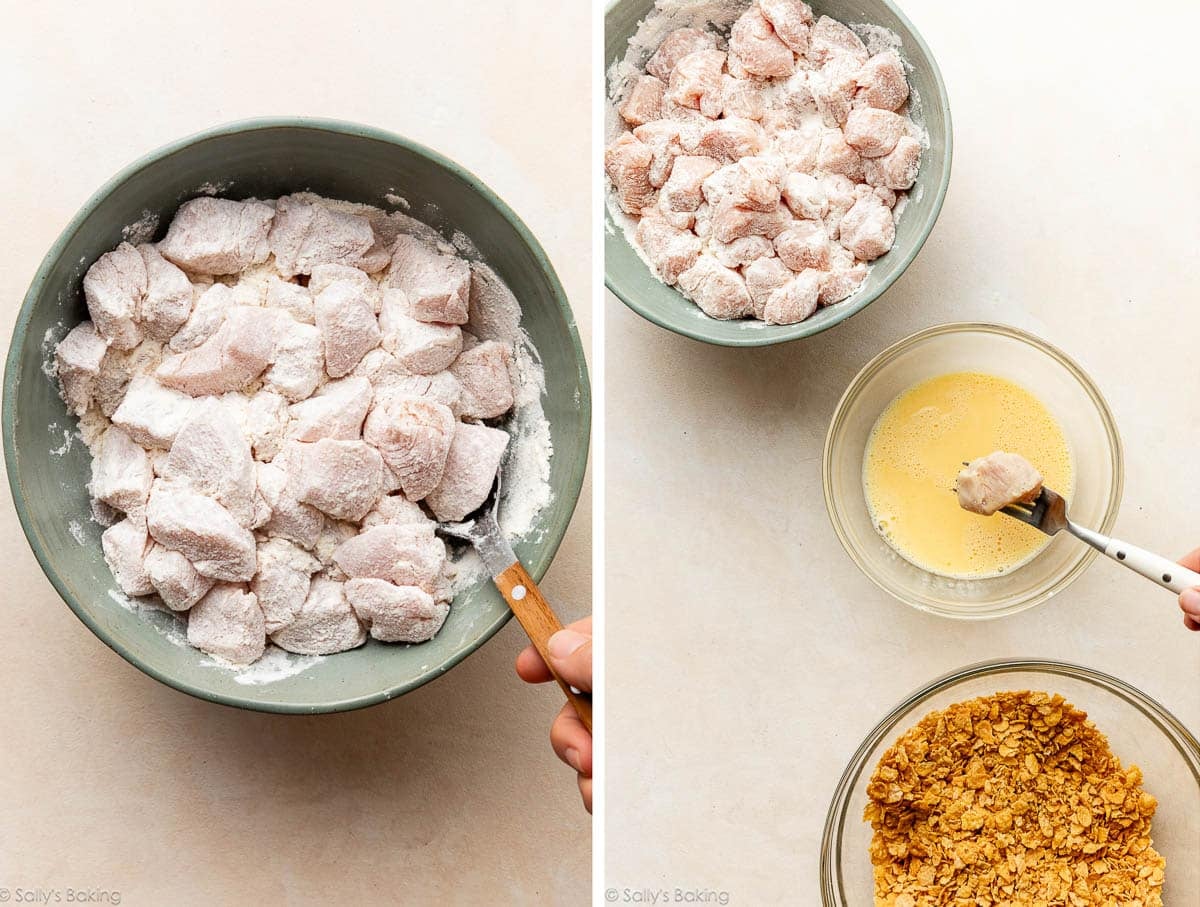 tossing chicken bites in flour and dipping in egg.