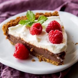 slice of chocolate pudding pie on a white plate