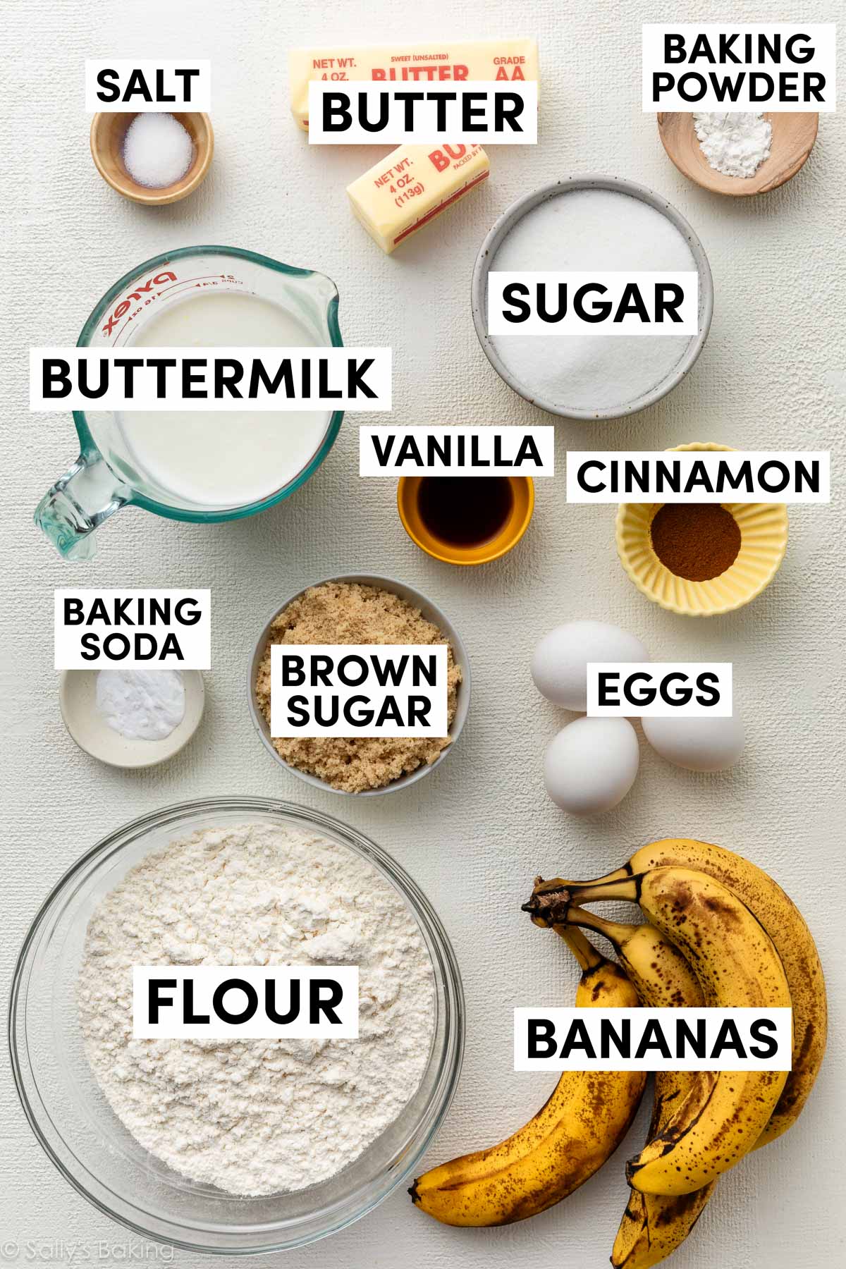 ingredients in bowls including flour, sugar, buttermilk, brown sugar, and cinnamon.
