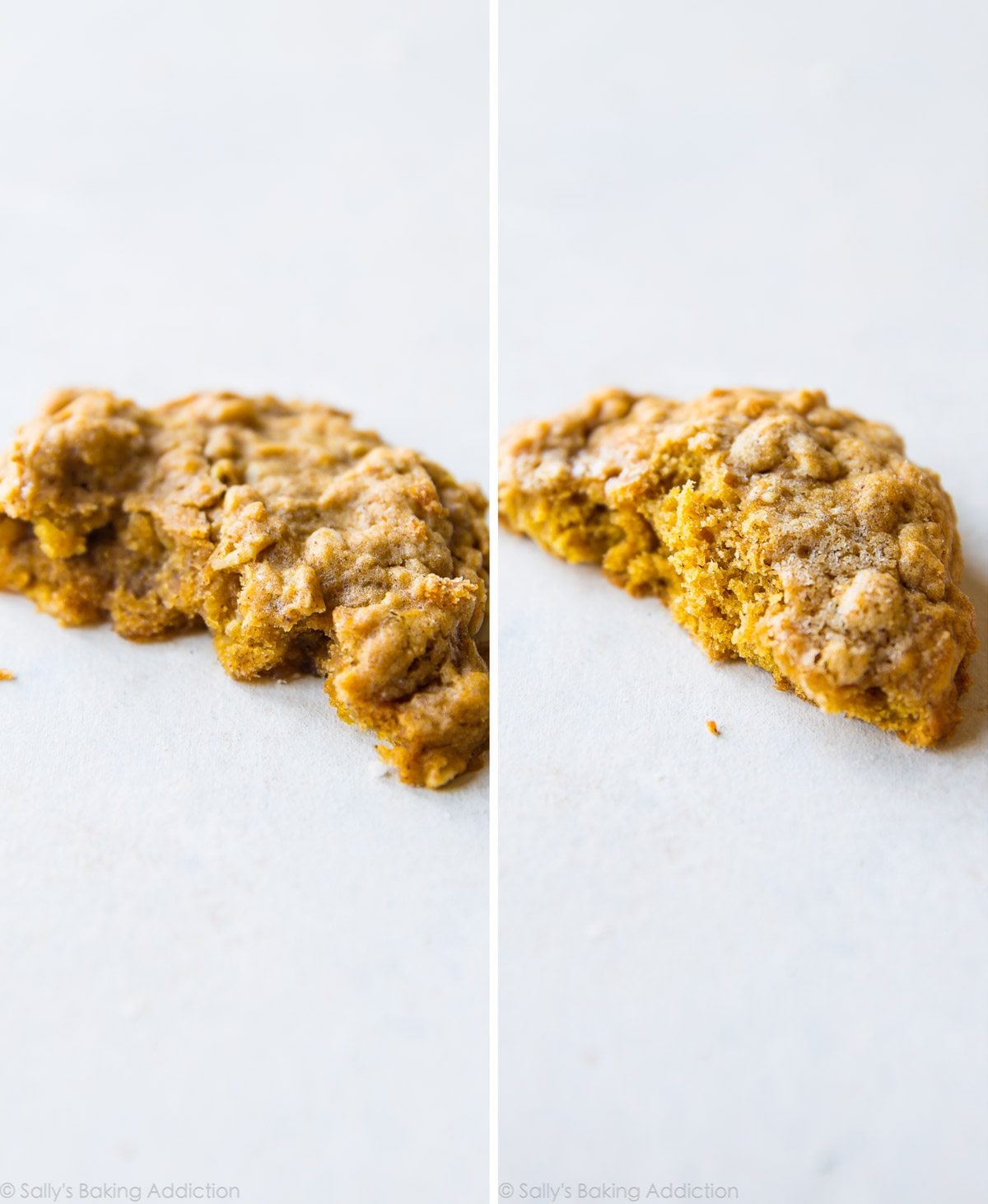 collage of 2 images showing the difference in pumpkin cookies when blotting the pumpkin