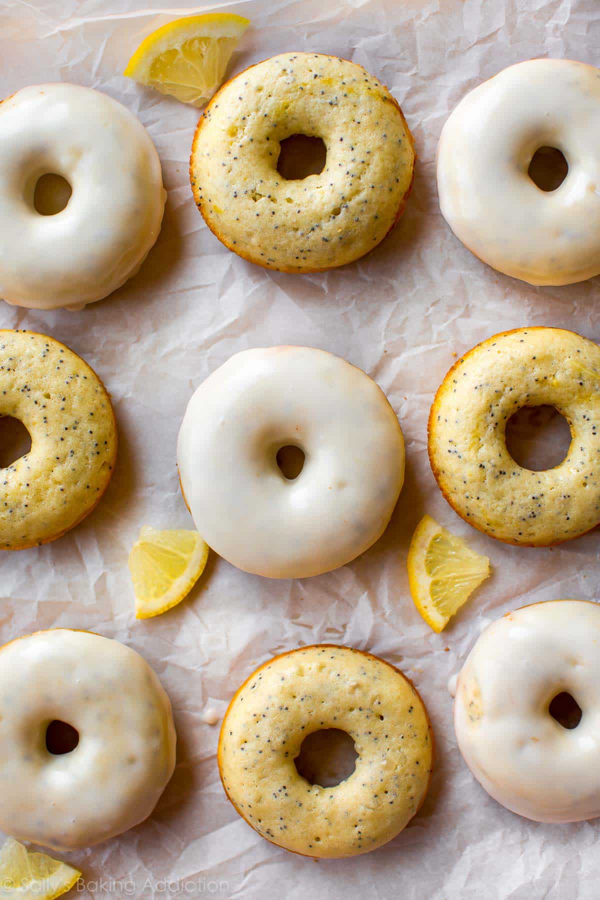 overhead image of lemon poppy seed donuts
