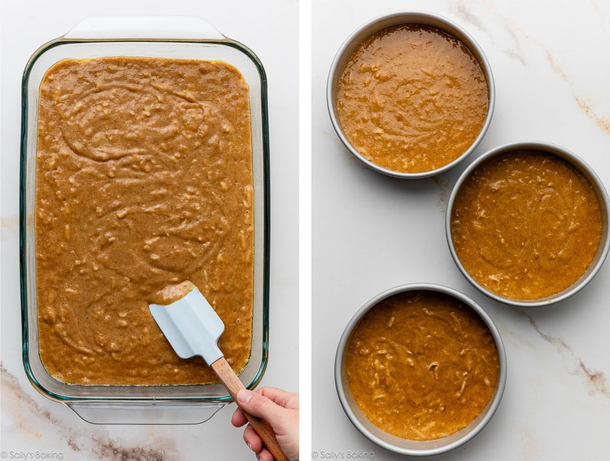 batter in quarter sheet baking dish and shown again in round cake pans.