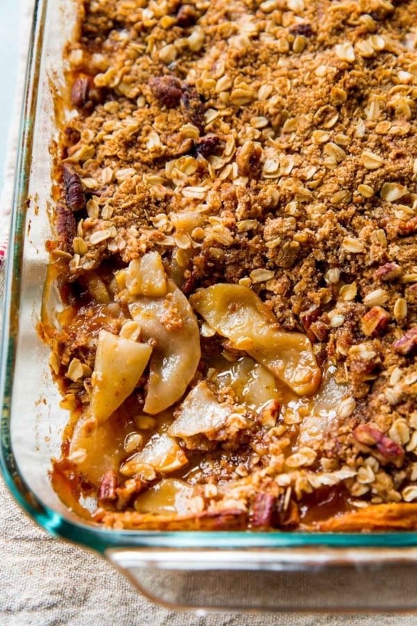 apple pear crisp in a glass baking dish