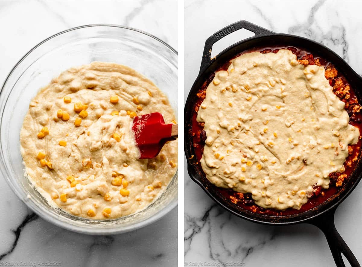 cornbread batter in bowl and spread into skillet.