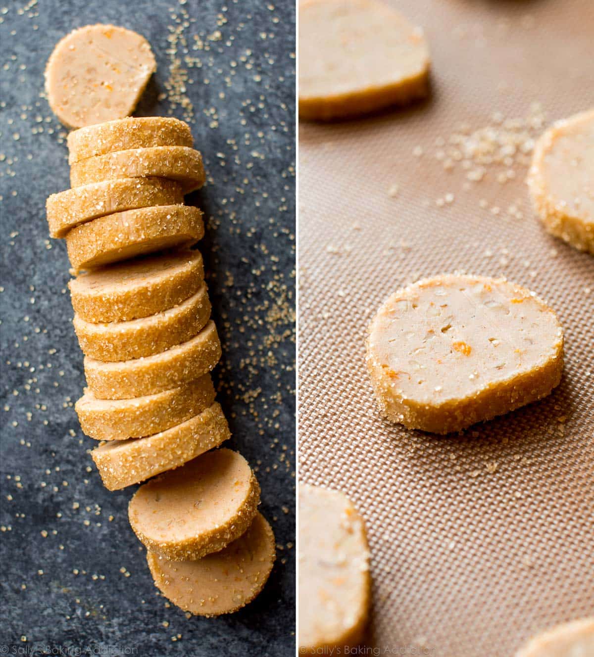 2 images of cookie dough log cut into slices and slices of cookie dough on a silpat baking mat