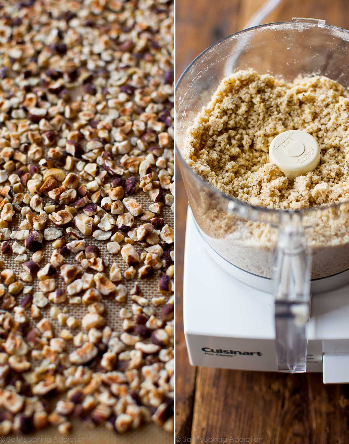 2 images of toasted hazelnuts on a baking sheet and the crust mixture in a food processor