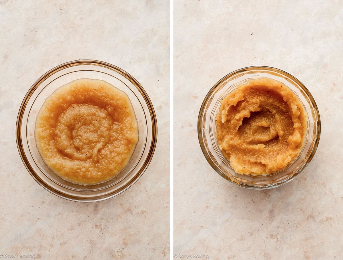 bowl of applesauce shown before reducing on the stove and after reducing on the stove.