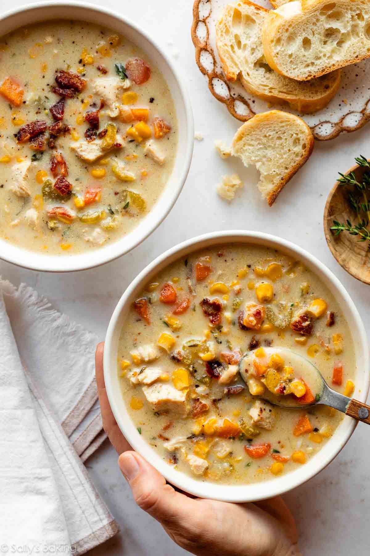 2 bowls of creamy chicken and corn soup.