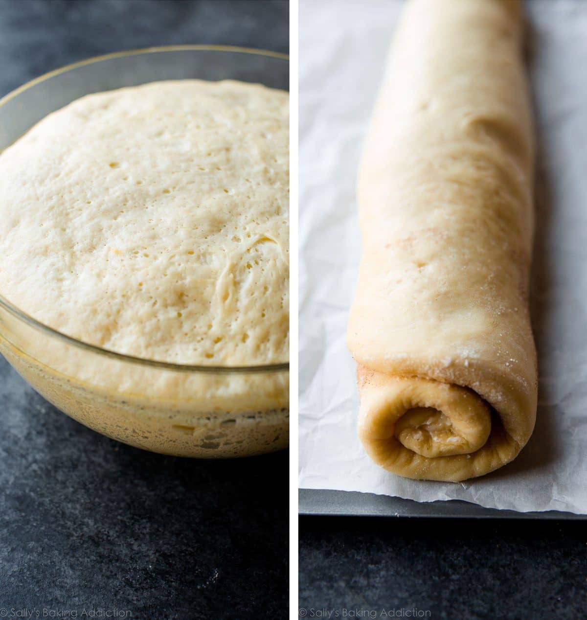 2 images of cinnamon roll dough in a glass bowl after rising and cinnamon roll dough rolled into a log