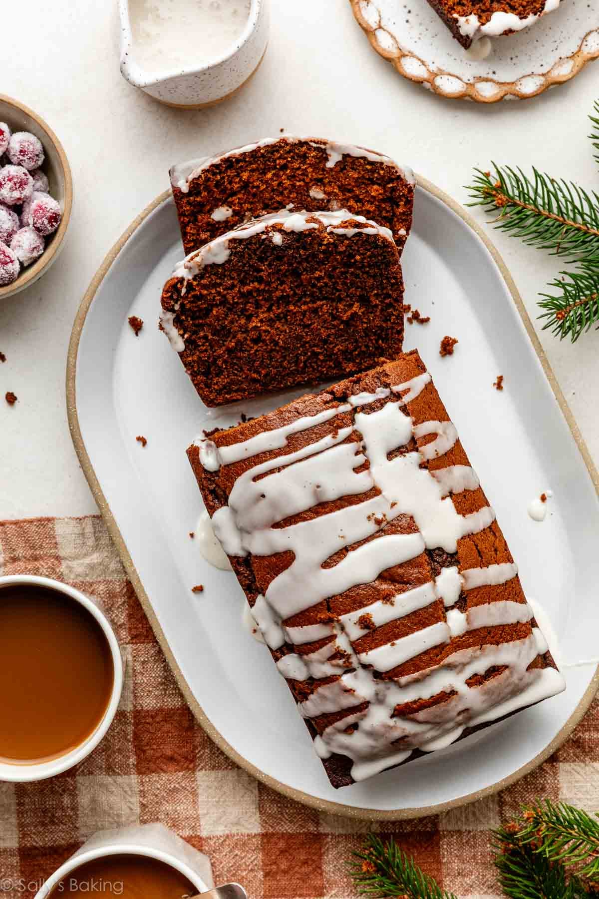 gingerbread loaf with icing on top.