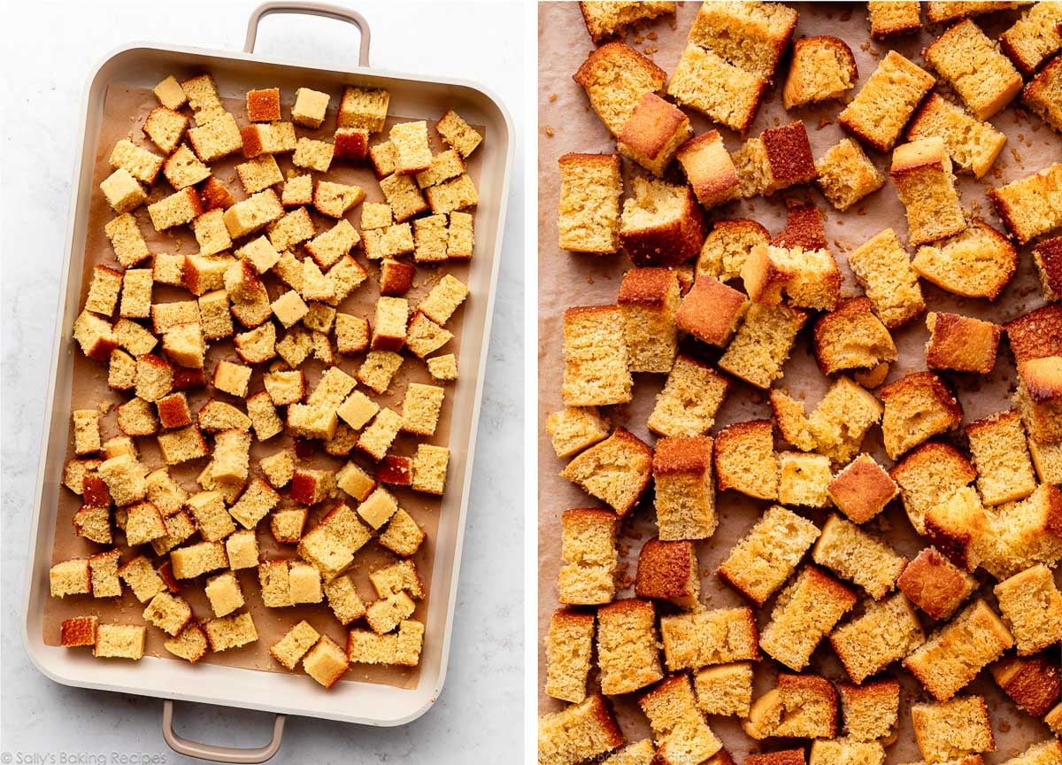 cubed cornbread on lined baking sheet.