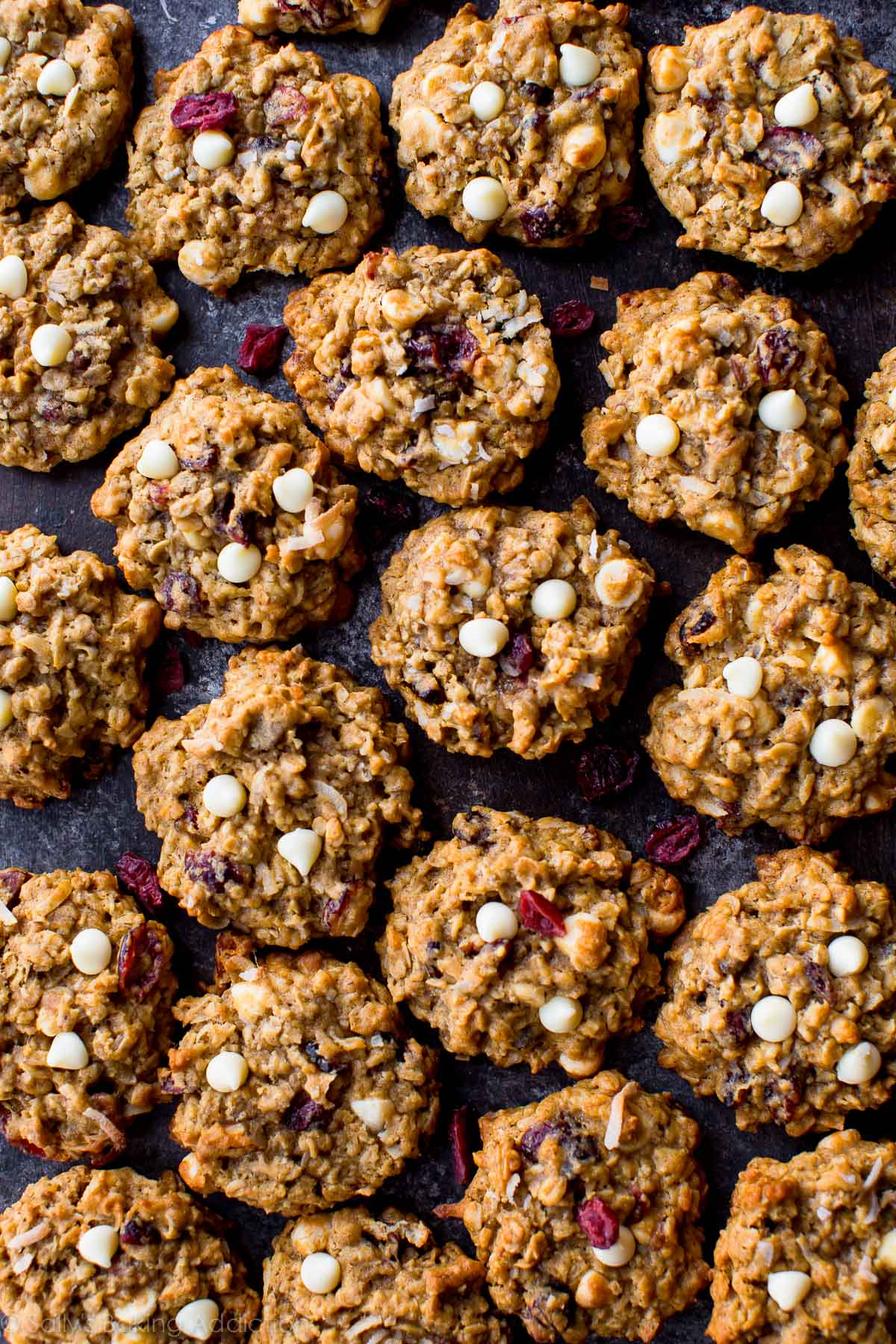overhead image of white chocolate cranberry coconut pecan oatmeal cookies