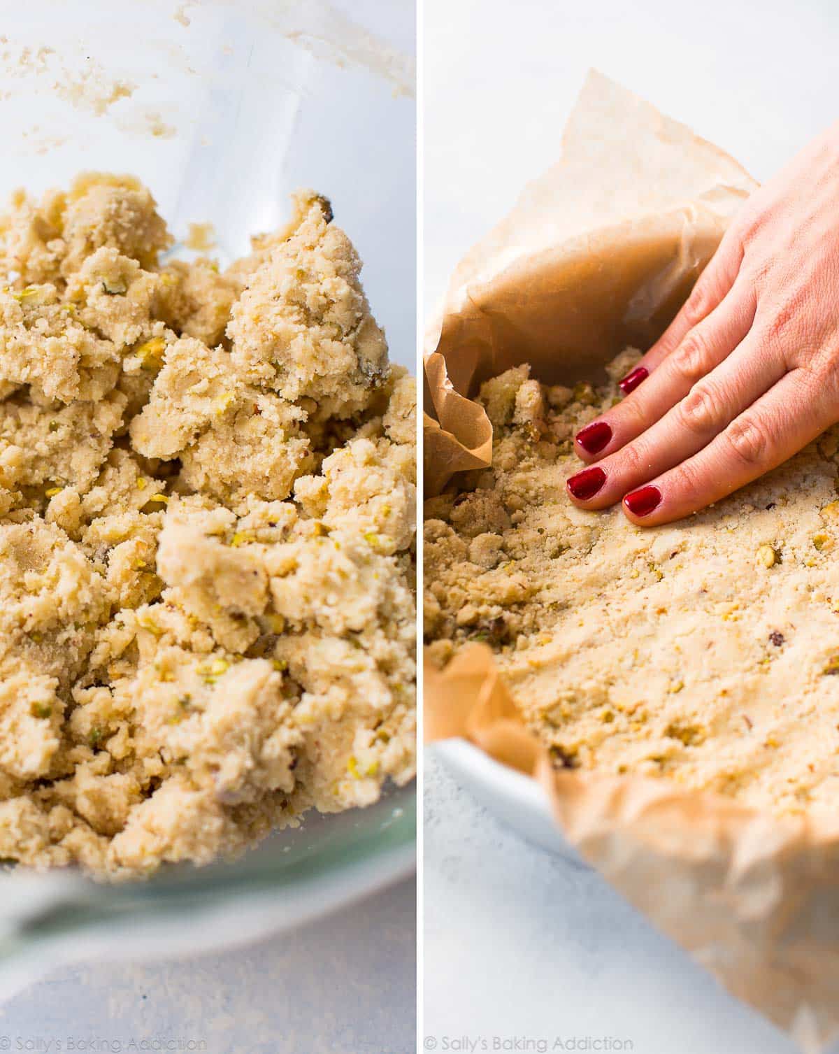 2 images of shortbread cookie dough in a glass bowl and hands pressing shortbread dough into a cake pan lined with parchment paper