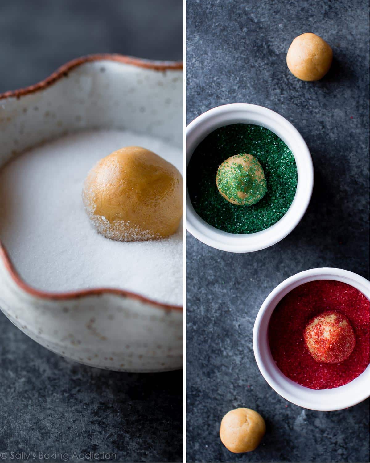 2 images of peanut butter cookie dough ball in a bowl of white sugar and balls of dough in bowls of green sugar and red sugar