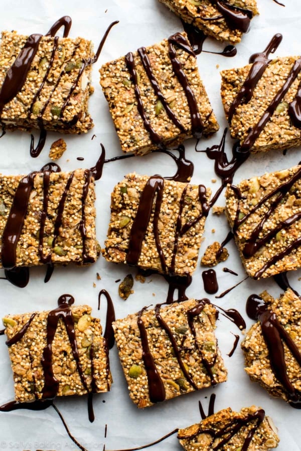 quinoa crunch snack bars drizzled with melted chocolate